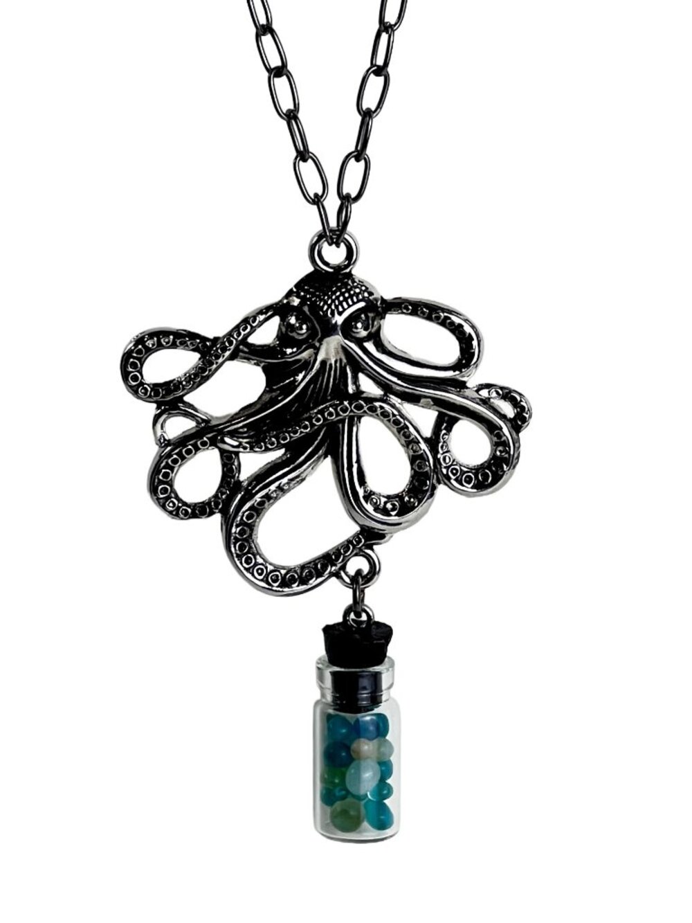 Silver Tone Octopus Necklace Vile of Faux Sea Glass